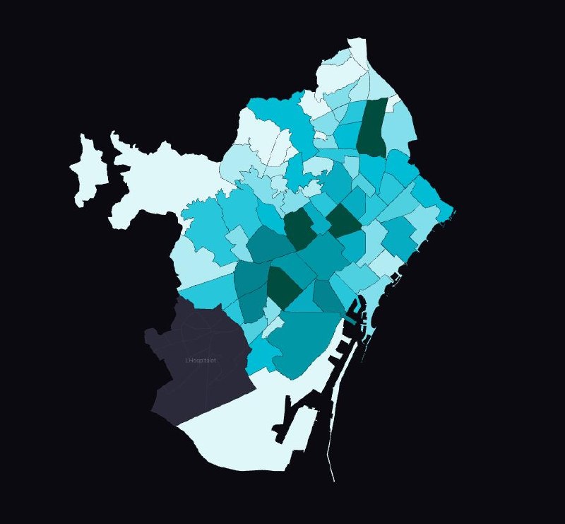 Barcelona choropleth map showing population across 73 barris